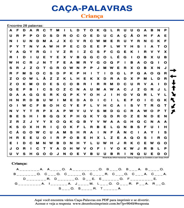 Caça Palavras Criança Nível Muito Difícil Horizontal, Vertical, Diagonal, ao Contrário e sem Dicas 24x24