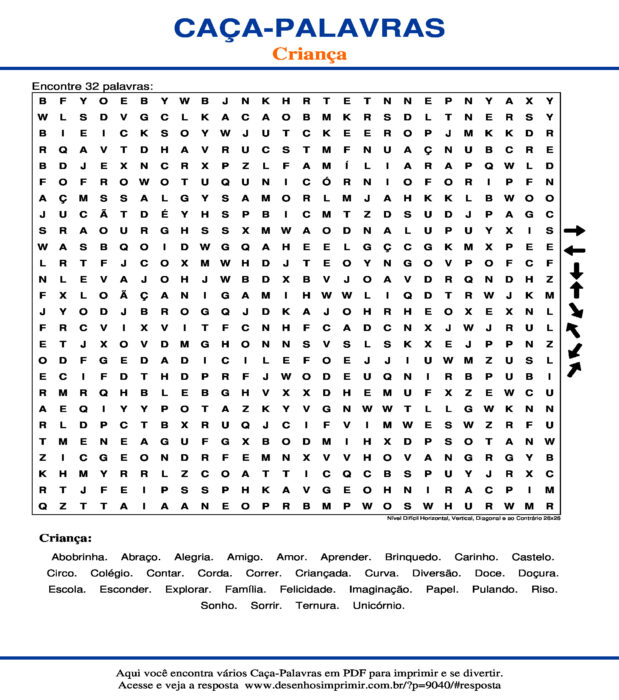 Caça Palavras Criança Nível Difícil Horizontal, Vertical, Diagonal e ao Contrário 26x26