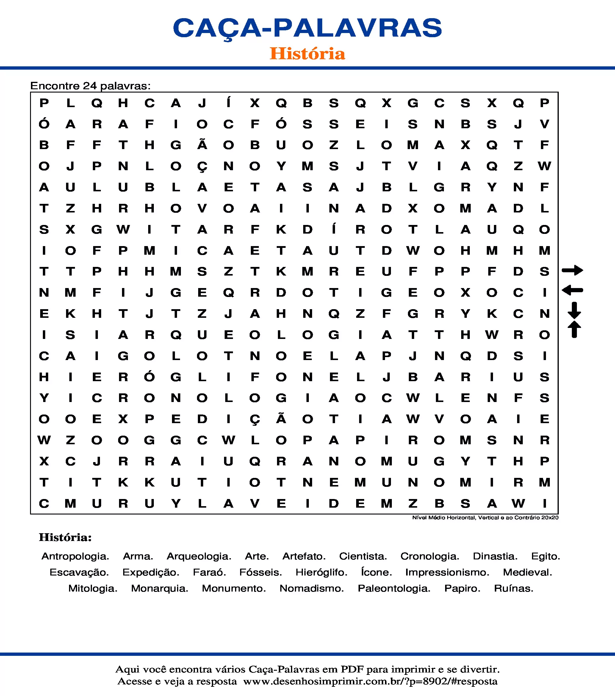 Caça Palavras Nível Médio Horizontal, Vertical e ao Contrário 20x20