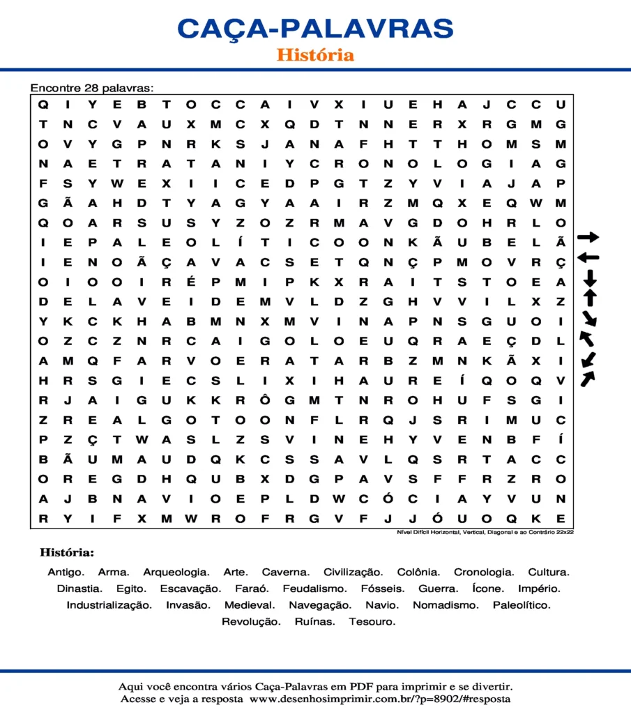 Caça Palavras de História Nível Difícil Horizontal, Vertical, Diagonal e ao Contrário 22x22 para imprimir