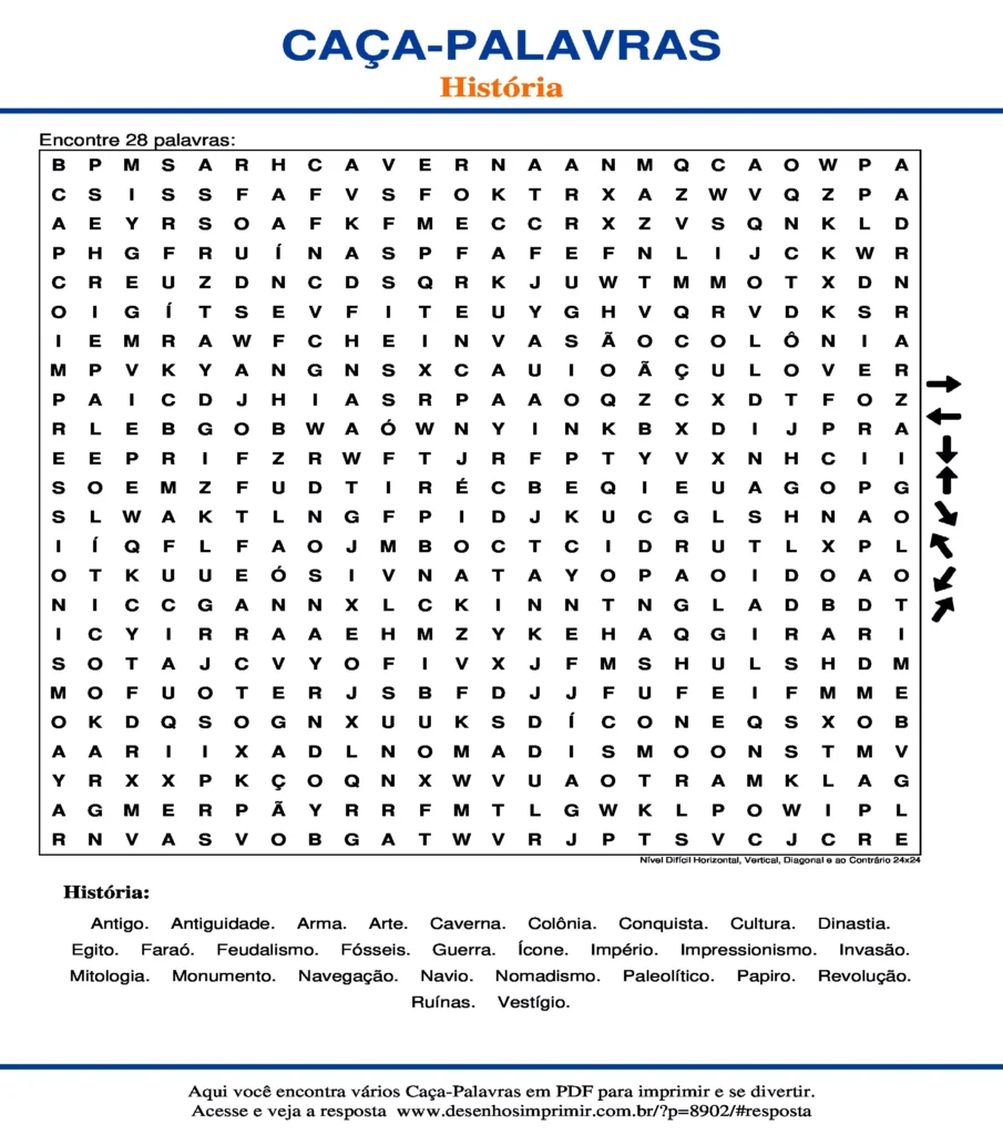 Caça Palavras de História Nível Difícil Horizontal, Vertical, Diagonal e ao Contrário 24x24 para imprimir