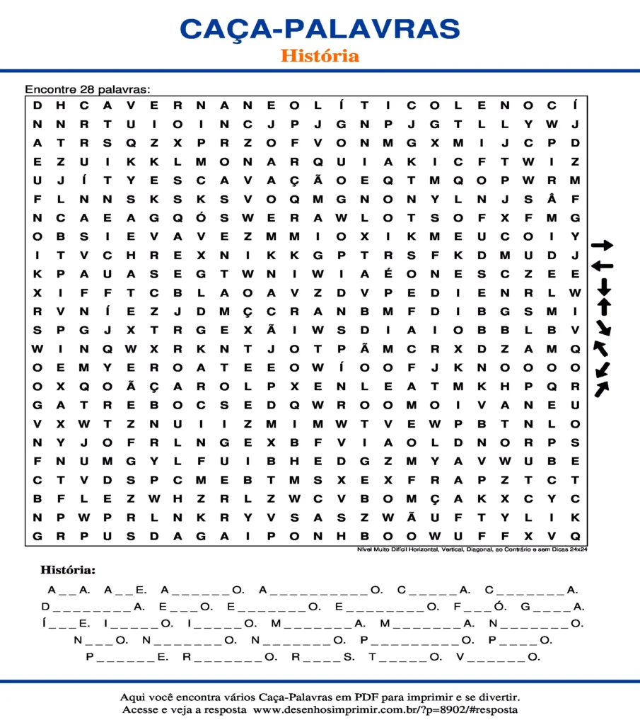 Caça Palavras de História Nível Muito Difícil Horizontal, Vertical, Diagonal, ao Contrário e sem Dicas 24x24 para imprimir