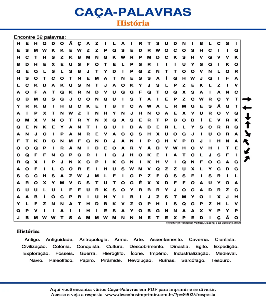 Caça Palavras de História Nível Difícil Horizontal, Vertical, Diagonal e ao Contrário 26x26 para imprimir