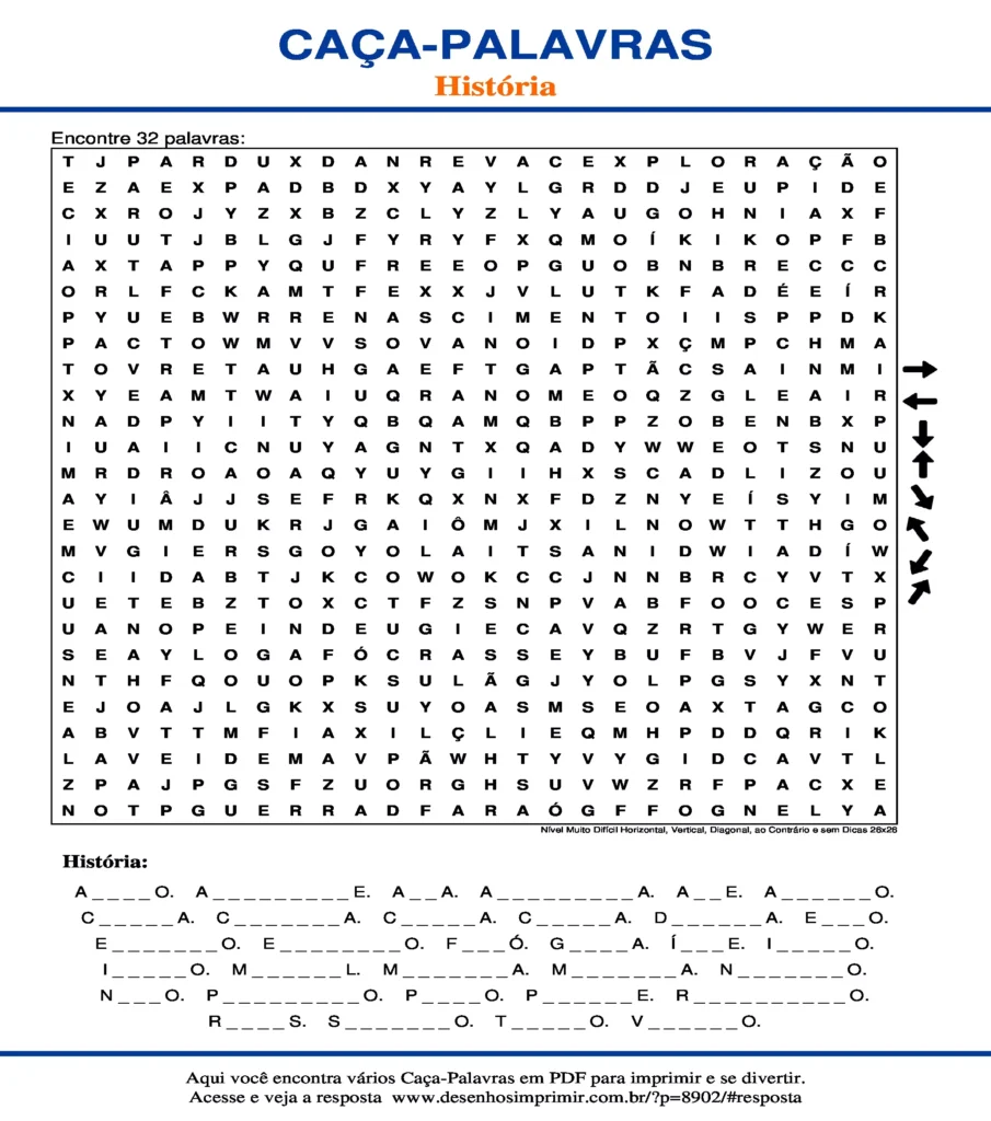 Caça Palavras de História Nível Muito Difícil Horizontal, Vertical, Diagonal, ao Contrário e sem Dicas 26x26 para imprimir