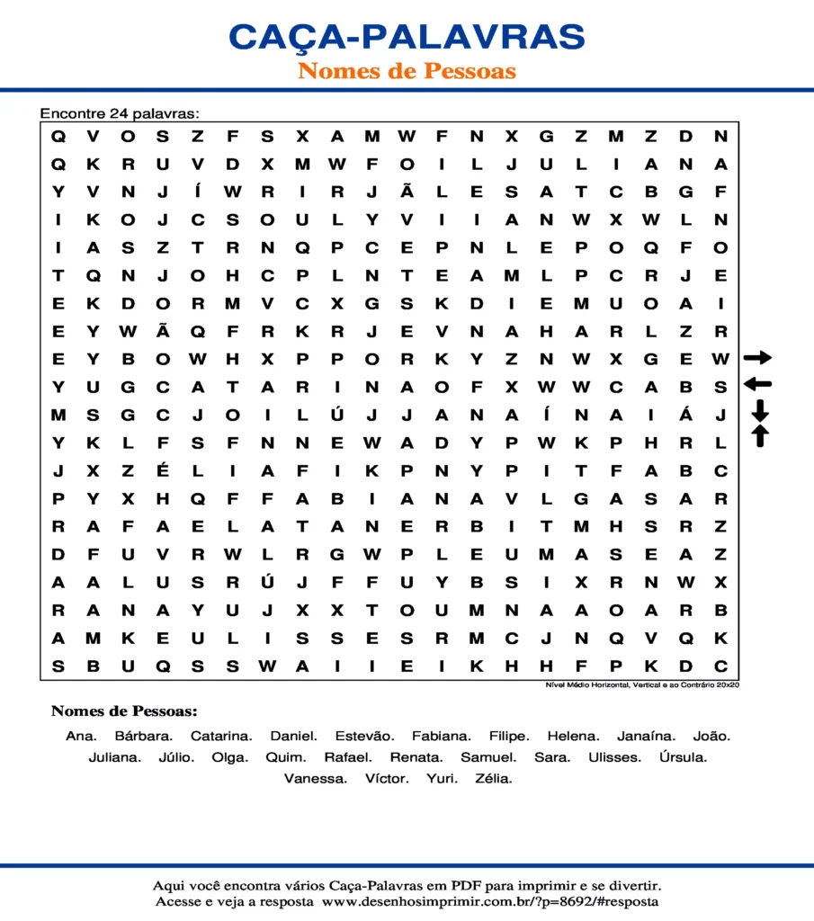 Nomes de Pessoas Nível Médio Horizontal, Vertical e ao Contrário 20x20 caça palavras Caça Palavras de Nomes Pessoas Nível Médio Horizontal, Vertical e ao Contrário 20x20