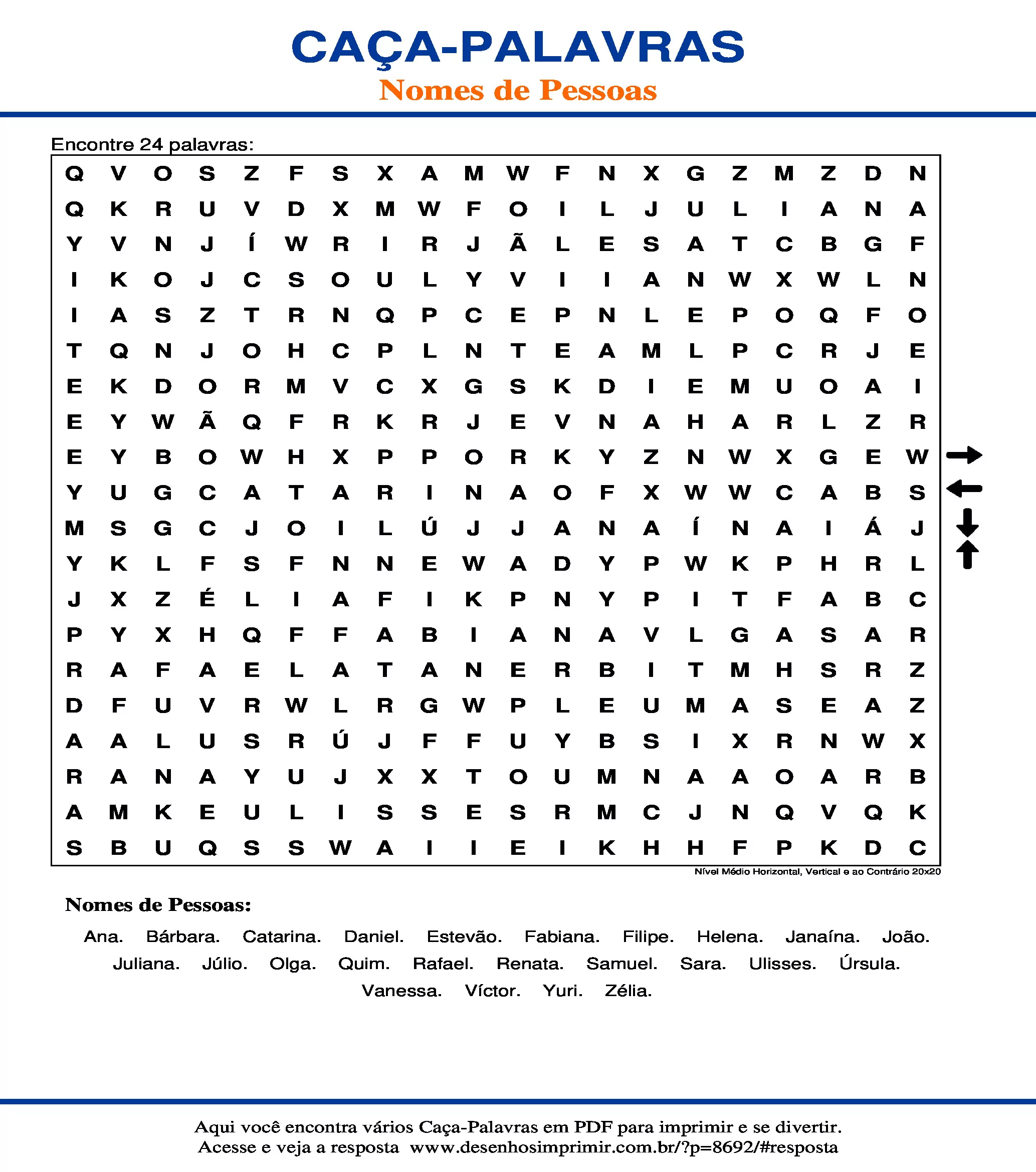 Caça Palavras Nível Médio Horizontal, Vertical e ao Contrário 20x20