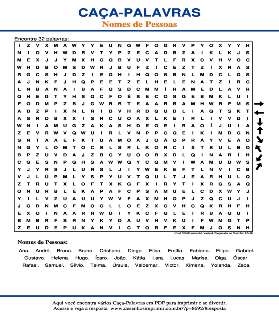Nomes de Pessoas Nível Difícil Horizontal, Vertical, Diagonal e ao Contrário 26x26 caça palavras Caça Palavras de Nomes Pessoas Nível Difícil Horizontal, Vertical, Diagonal e ao Contrário 26x26