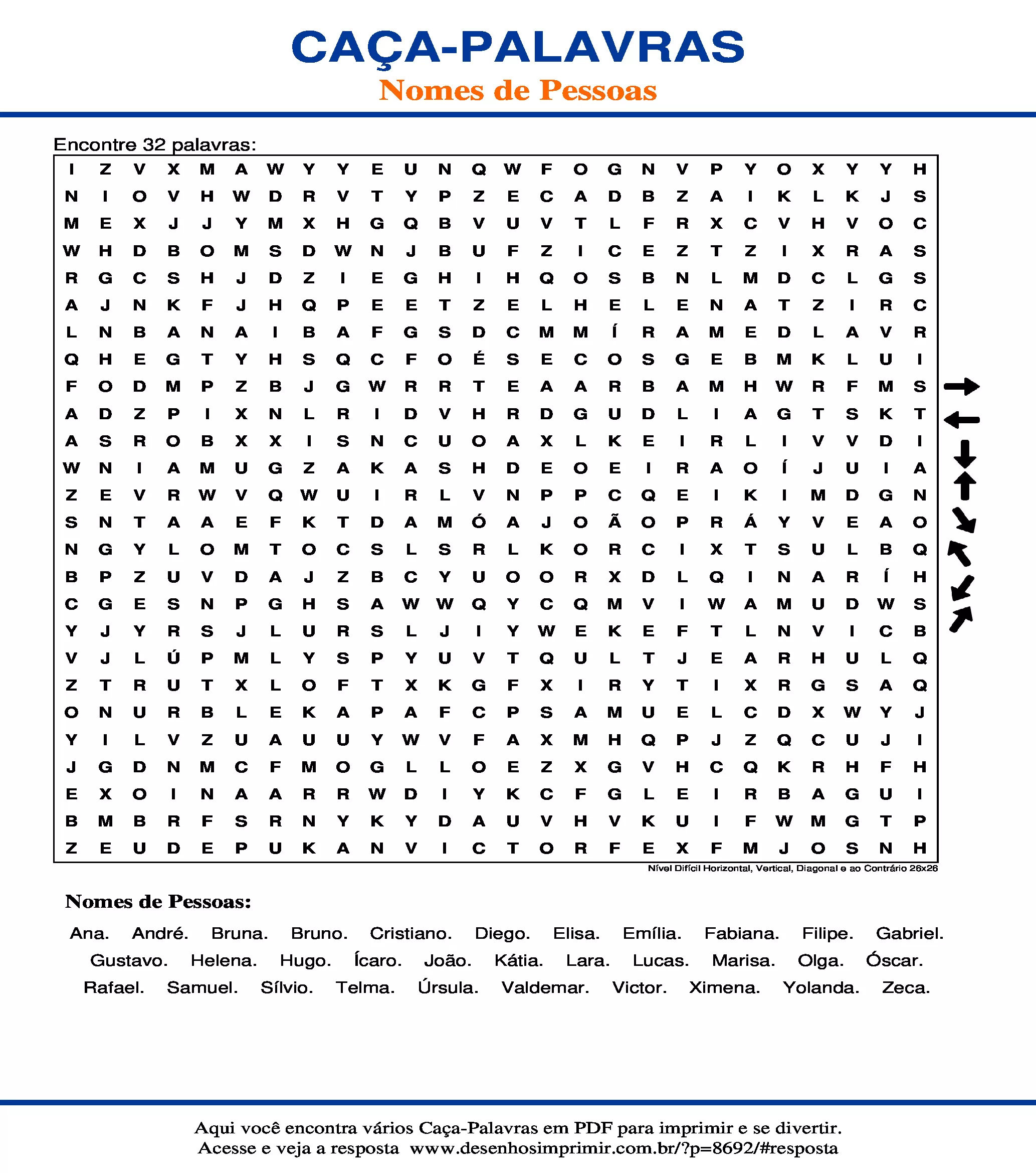 Caça Palavras Nível Difícil Horizontal, Vertical, Diagonal e ao Contrário 26x26