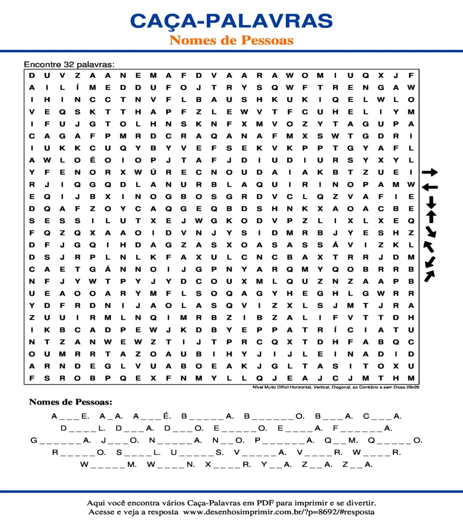 Nomes de Pessoas Nível Muito Difícil Horizontal, Vertical, Diagonal, ao Contrário e sem Dicas 26x26 caça palavras Caça Palavras de Nomes Pessoas Nível Muito Difícil Horizontal, Vertical, Diagonal, ao Contrário e sem Dicas 26x26