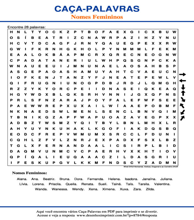 Caça Palavras Nomes Femininos Nível Difícil Horizontal, Vertical, Diagonal e ao Contrário 24x24