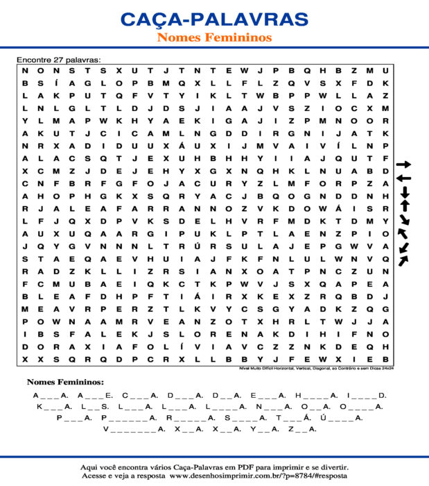 Caça Palavras Nomes Femininos Nível Muito Difícil Horizontal, Vertical, Diagonal, ao Contrário e sem Dicas 24x24