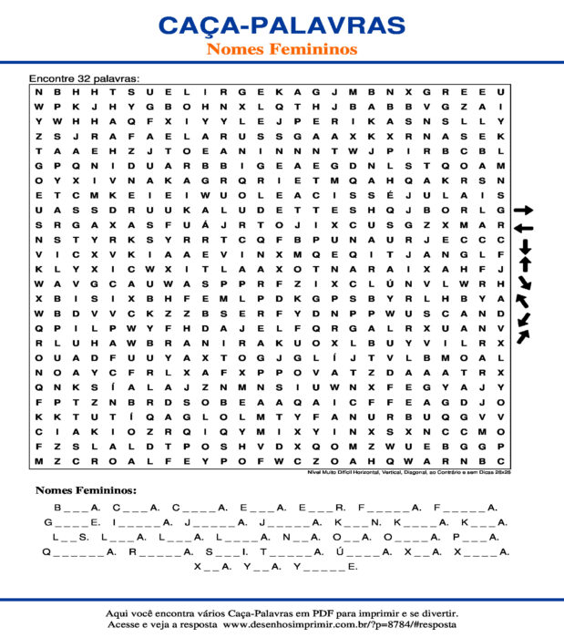Caça Palavras Nomes Femininos Nível Muito Difícil Horizontal, Vertical, Diagonal, ao Contrário e sem Dicas 26x26