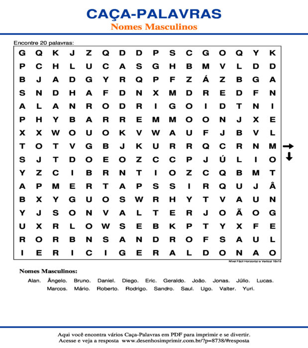 Caça Palavras Nomes Masculinos Nível Fácil Horizontal e Vertical 16x16