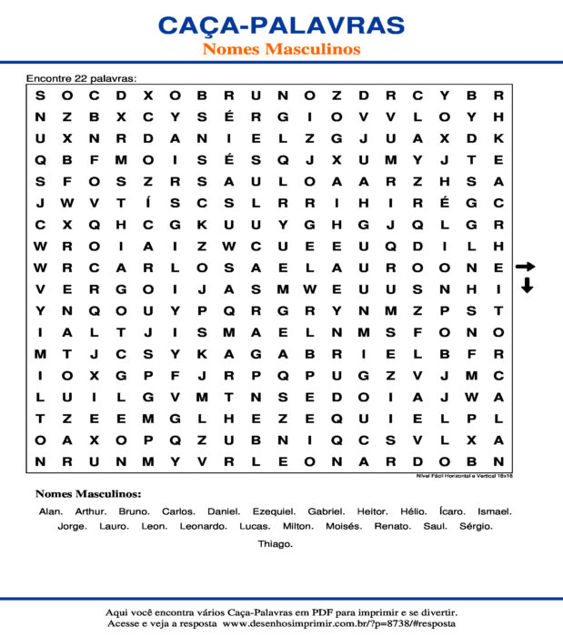 Caça Palavras Nomes Masculinos Nível Fácil Horizontal e Vertical 18x18