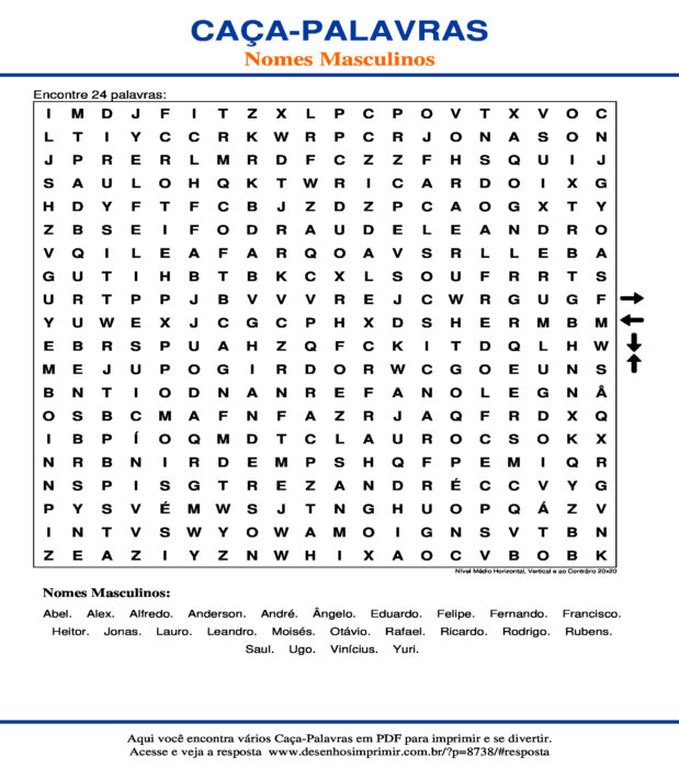 Caça Palavras Nomes Masculinos Nível Médio Horizontal, Vertical e ao Contrário 20x20