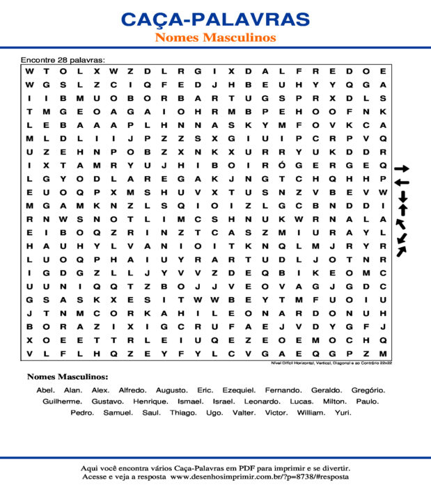 Caça Palavras Nomes Masculinos Nível Difícil Horizontal, Vertical, Diagonal e ao Contrário 22x22