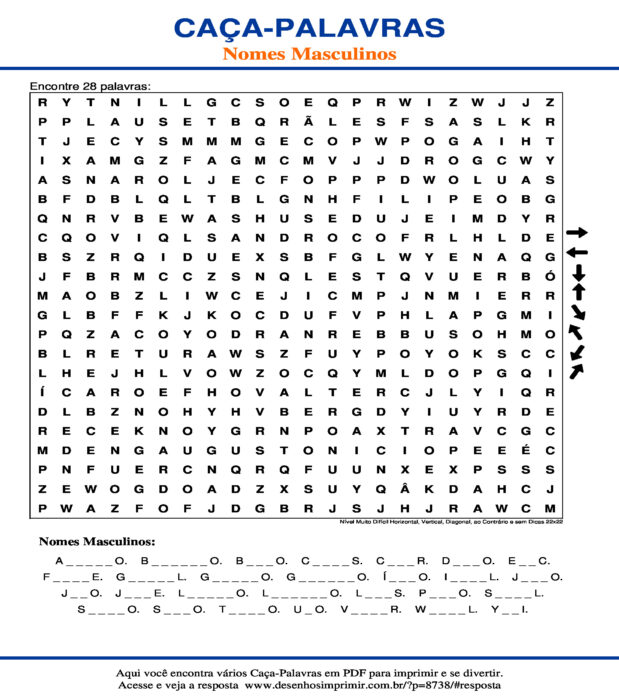 Caça Palavras Nomes Masculinos Nível Muito Difícil Horizontal, Vertical, Diagonal, ao Contrário e sem Dicas 22x22