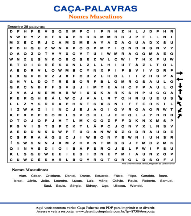 Caça Palavras Nomes Masculinos Nível Difícil Horizontal, Vertical, Diagonal e ao Contrário 24x24