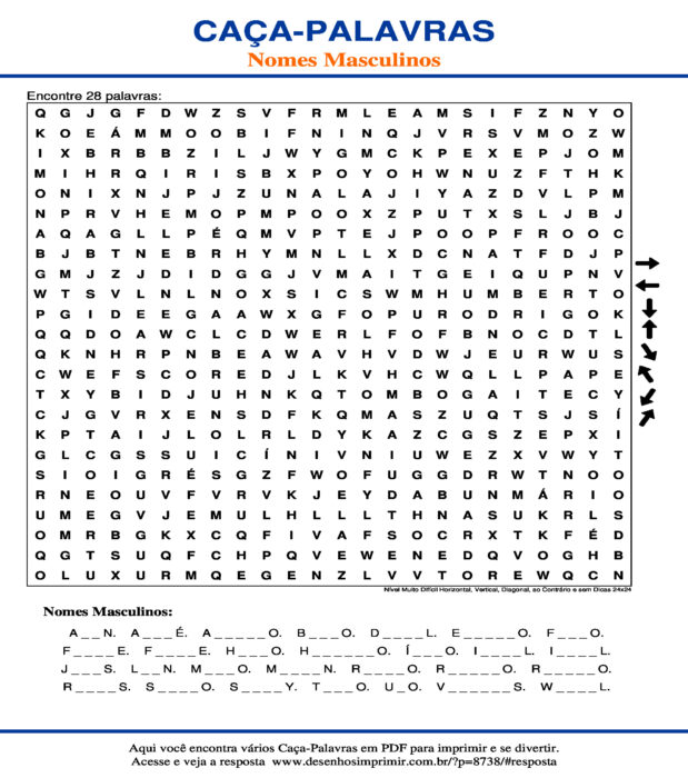 Caça Palavras Nomes Masculinos Nível Muito Difícil Horizontal, Vertical, Diagonal, ao Contrário e sem Dicas 24x24