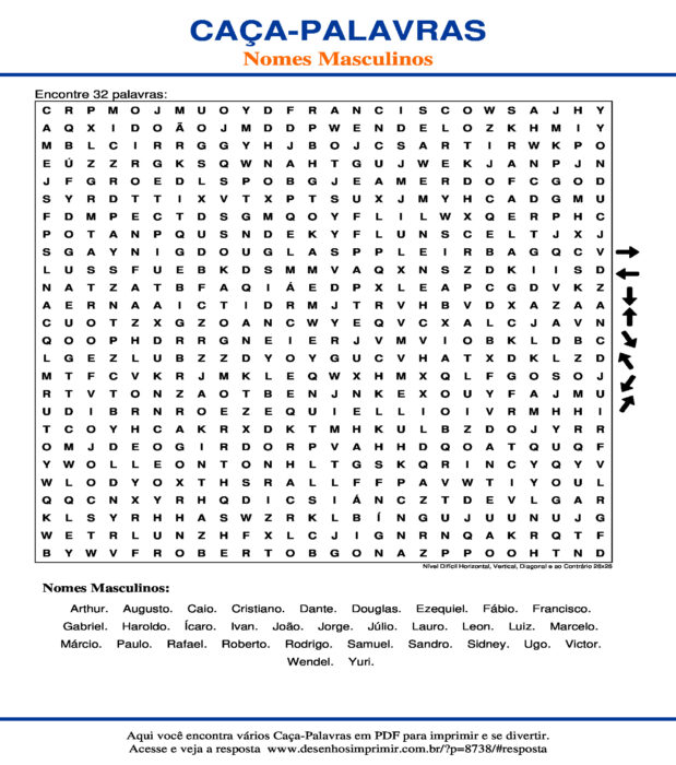 Caça Palavras Nomes Masculinos Nível Difícil Horizontal, Vertical, Diagonal e ao Contrário 26x26