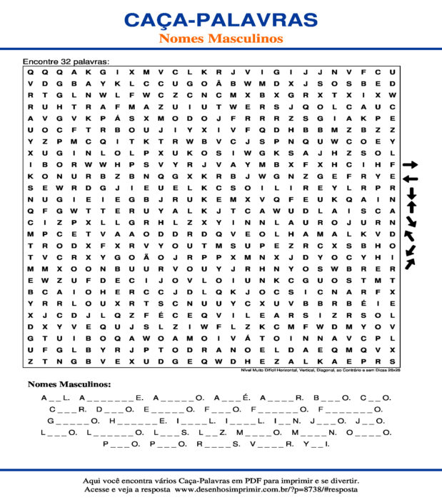 Caça Palavras Nomes Masculinos Nível Muito Difícil Horizontal, Vertical, Diagonal, ao Contrário e sem Dicas 26x26