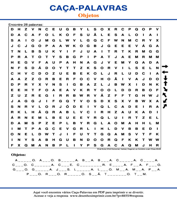 Caça Palavras de Objetos Nível Muito Difícil Horizontal, Vertical, Diagonal, ao Contrário e sem Dicas 22x22 para imprimir