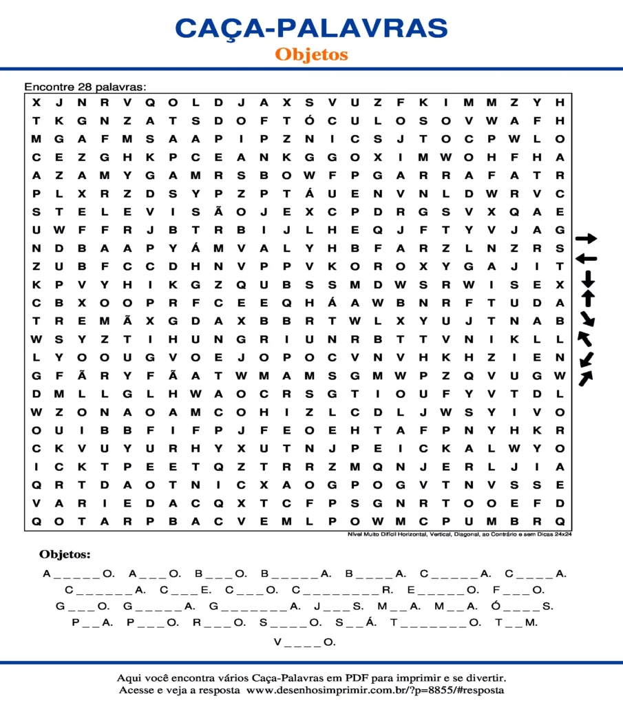 Objetos Nível Muito Difícil Horizontal, Vertical, Diagonal, ao Contrário e sem Dicas 24x24 caça palavras Caça Palavras de Objetos Nível Muito Difícil Horizontal, Vertical, Diagonal, ao Contrário e sem Dicas 24x24 para imprimir