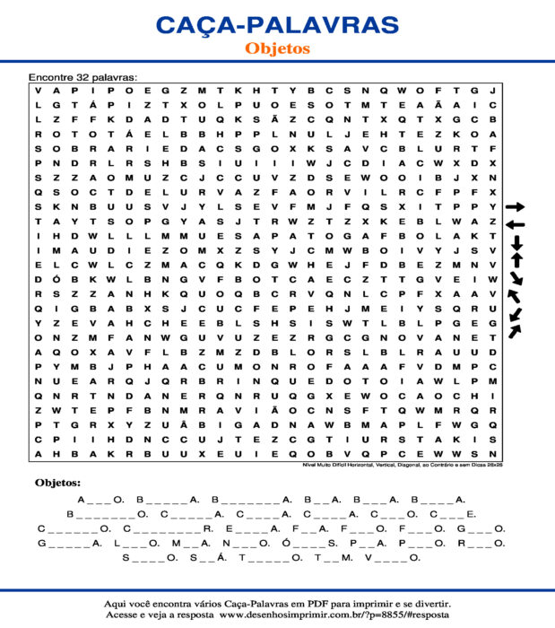 Caça Palavras de Objetos Nível Muito Difícil Horizontal, Vertical, Diagonal, ao Contrário e sem Dicas 26x26 para imprimir