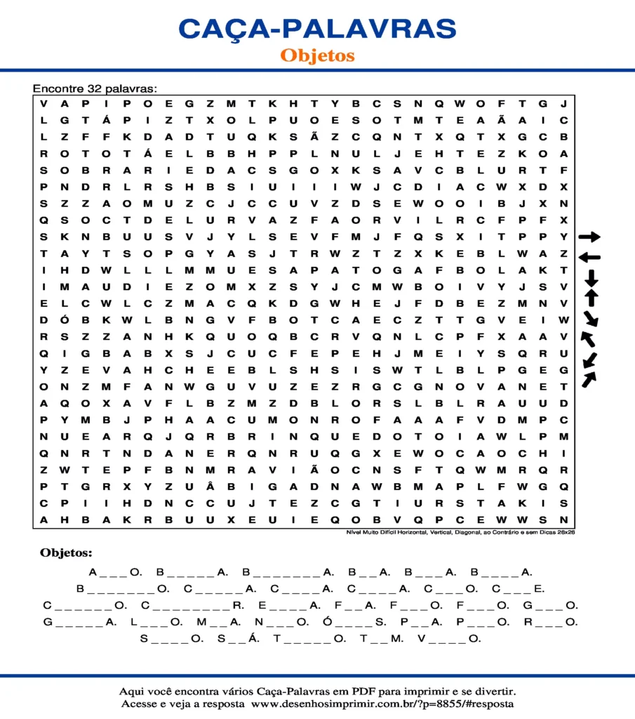Objetos Nível Muito Difícil Horizontal, Vertical, Diagonal, ao Contrário e sem Dicas 26x26 caça palavras Caça Palavras de Objetos Nível Muito Difícil Horizontal, Vertical, Diagonal, ao Contrário e sem Dicas 26x26 para imprimir