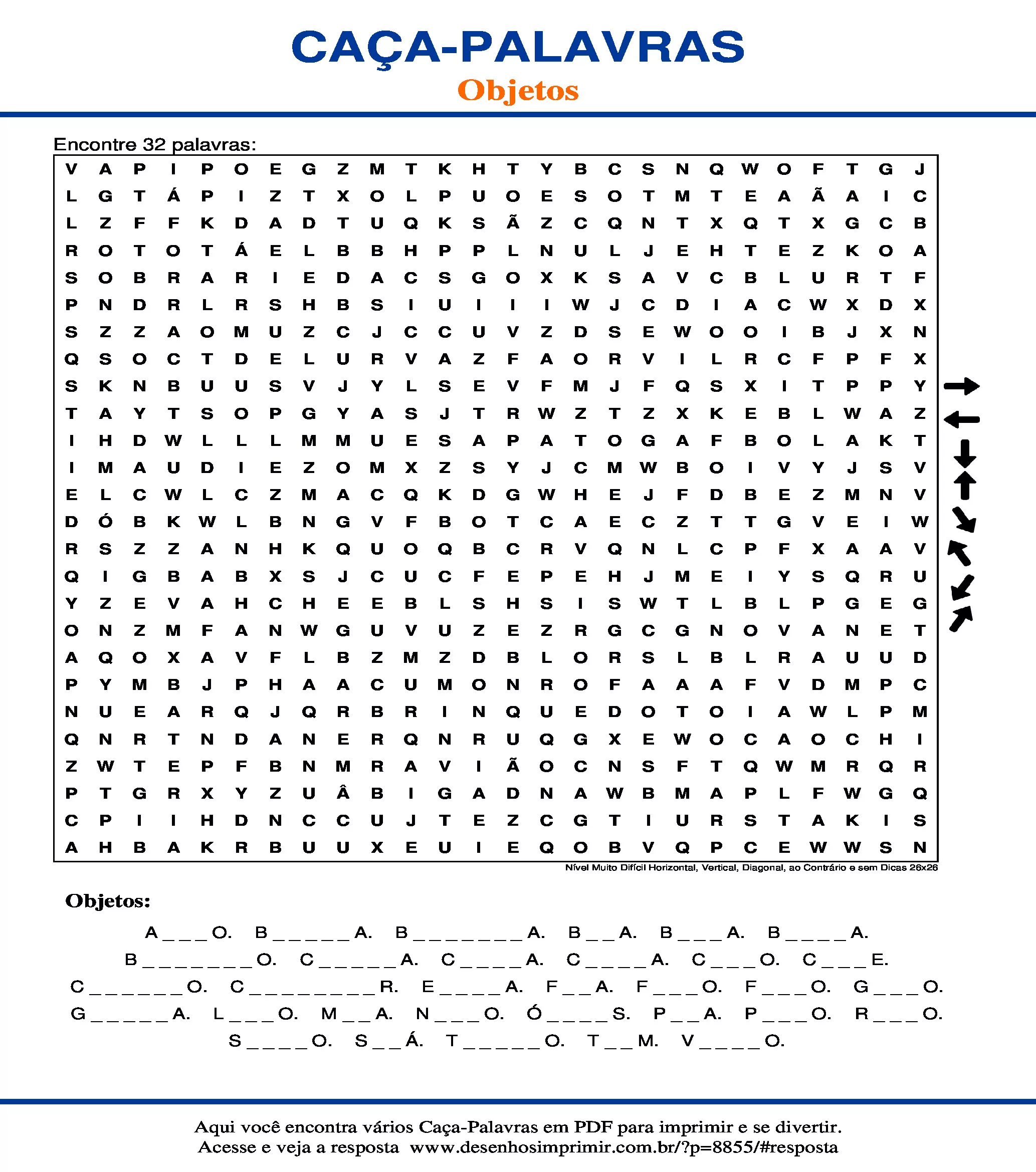 Caça Palavras Nível Muito Difícil Horizontal, Vertical, Diagonal, ao Contrário e sem Dicas 26x26