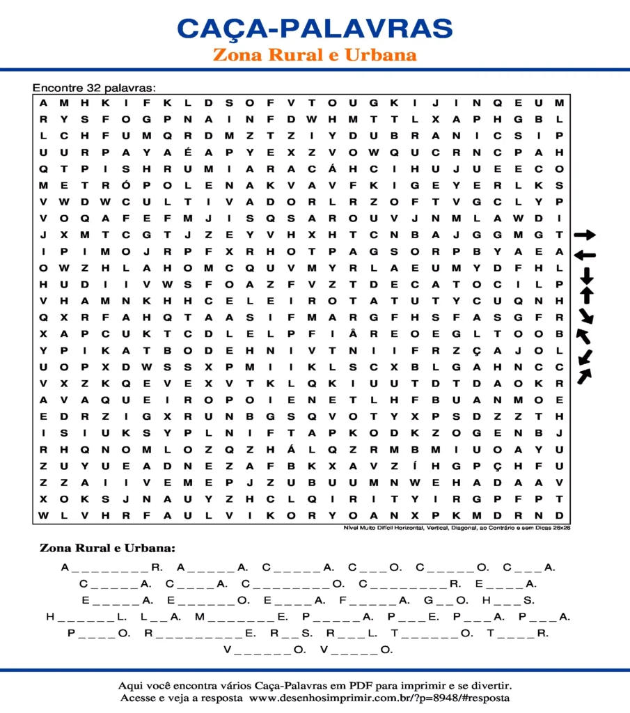 Zona Rural e Urbana Nível Muito Difícil Horizontal, Vertical, Diagonal, ao Contrário sem Dicas 26x26 caça palavras Caça Palavras Zona Rural e Urbana Nível Muito Difícil Horizontal, Vertical, Diagonal, ao Contrário sem Dicas 26x26