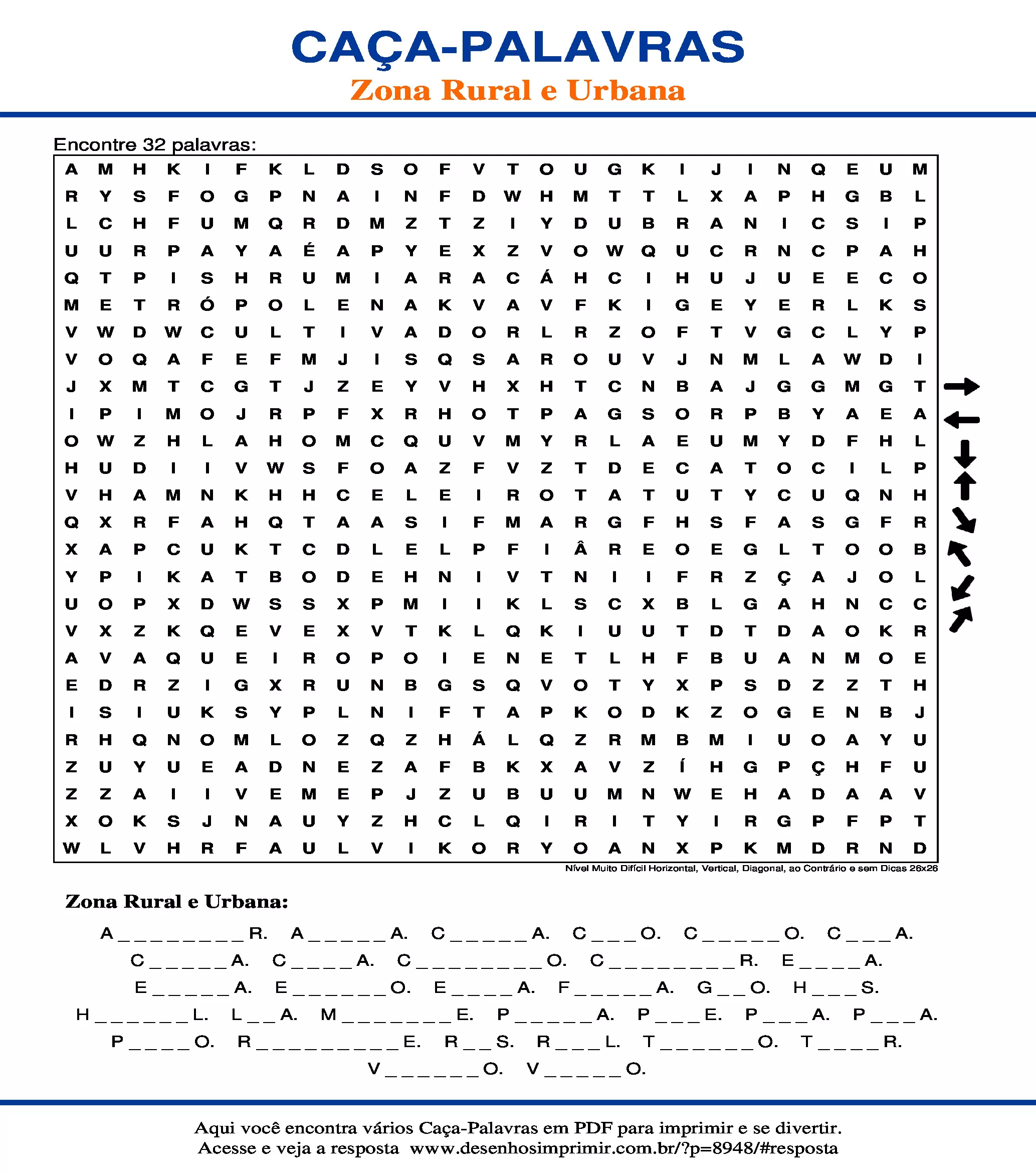 Caça Palavras Nível Muito Difícil Horizontal, Vertical, Diagonal, ao Contrário e sem Dicas 26x26
