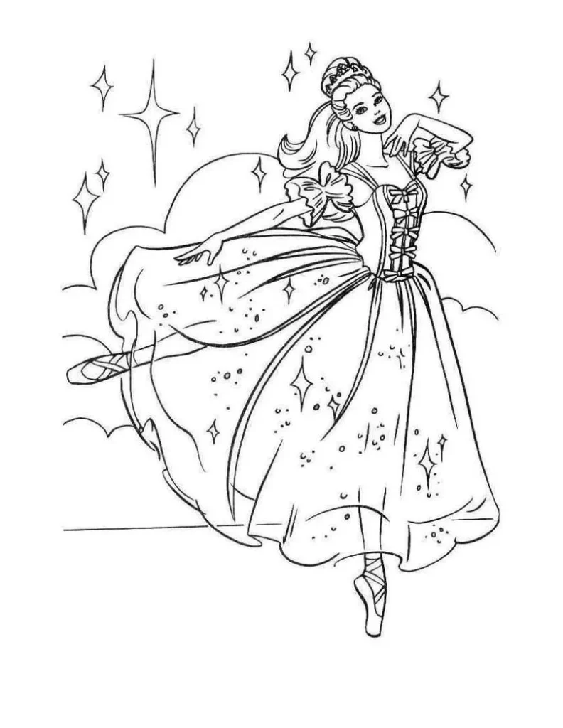 Barbie Rosa bailarina para colorir: desenho gracioso com tutu de estrelas em fundo mágico.