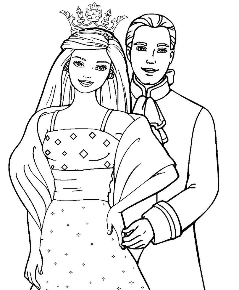 Desenho para colorir da Barbie princesa e Ken príncipe em estilo de animação. Barbie com coroa e vestido com desenhos geométricos e estrelas, Ken com traje formal e laço.