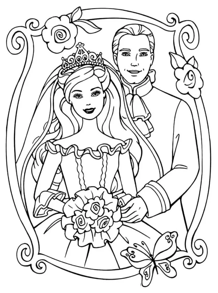 Barbie e Príncipe para colorir: Casal romântico com tiara, buquê e rosas.