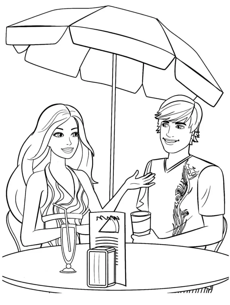 Barbie e Ken em desenho para colorir: relaxamento em café ao ar livre sob guarda-sol, com bebidas e acessórios sobre a mesa.