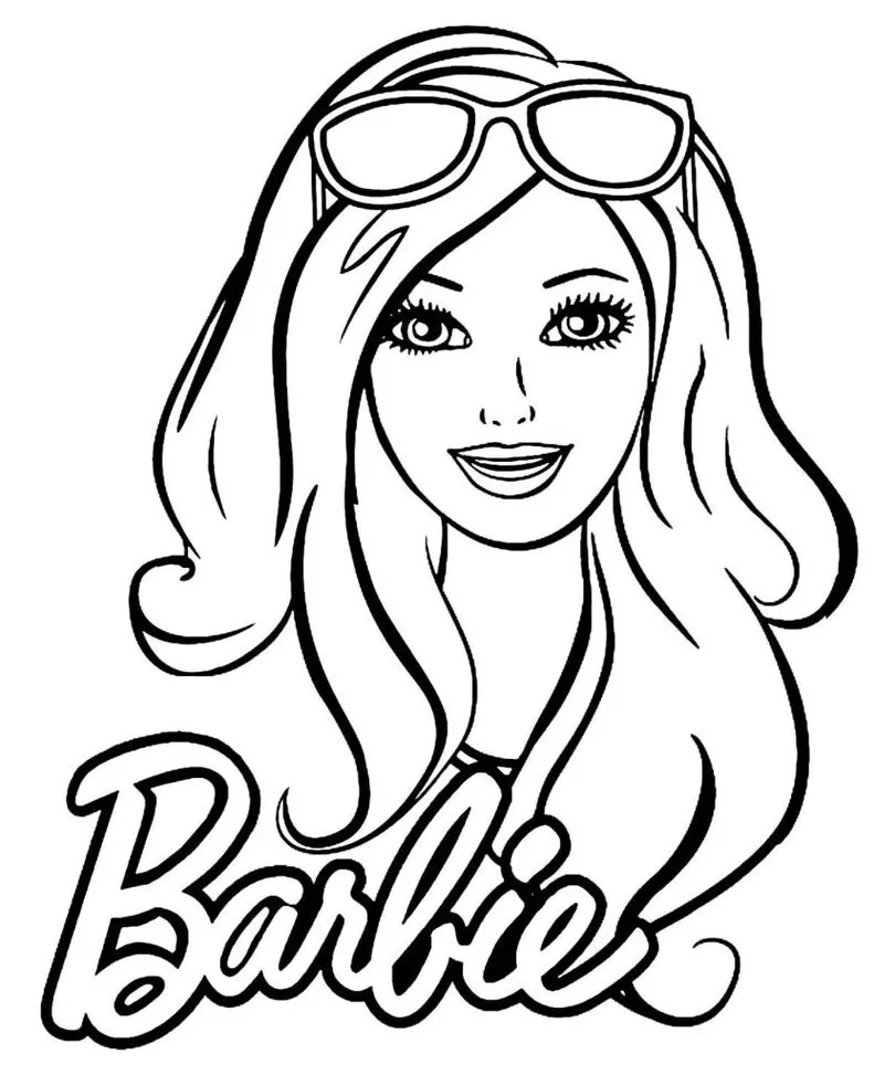 Barbie sorrindo com óculos de sol: desenho para colorir do rosto da boneca com o nome 'Barbie' em destaque.