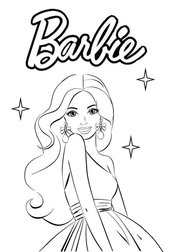 Barbie com vestido elegante e brincos, cercada por estrelas, pronta para colorir. Desenho da Barbie para atividades criativas.