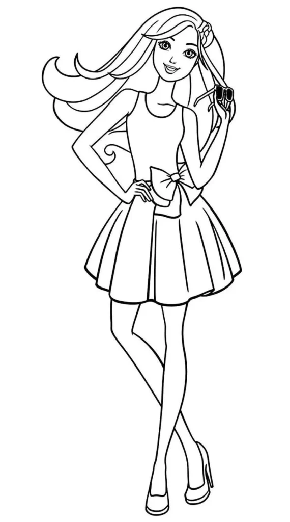 Barbie para colorir: desenho elegante da boneca com vestido rodado e laço, segurando óculos de sol e posando charmosamente.