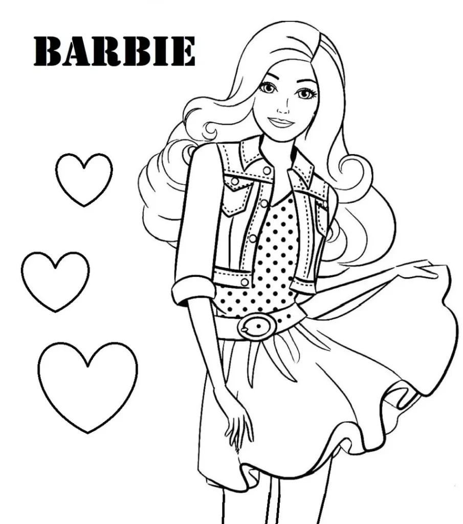 Barbie Moderninha para colorir: jaqueta jeans, saia rodada e corações.