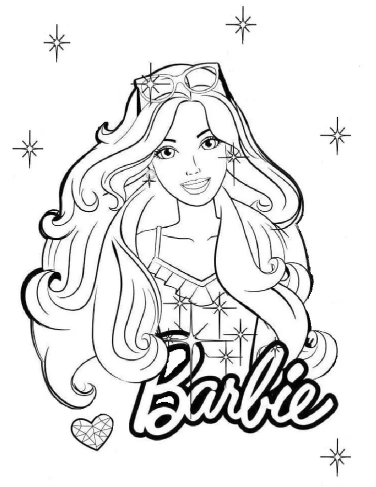 Desenho da Barbie Rosa para colorir: boneca poderosa com cabelos ondulados, óculos e traje com estrelas. A palavra 'Barbie' em estilo cursivo e um coração geométrico completam a arte.
