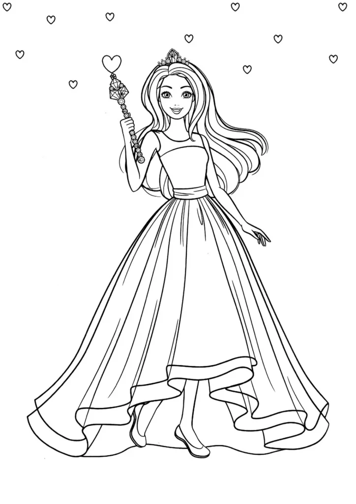 Barbie Princesa com vestido longo e varinha mágica para colorir. Desenho em rosa com corações.