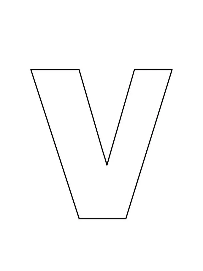 Letra V maiúscula para impressão. Design em linhas pretas sobre fundo branco, estilo blocoso e arredondado.