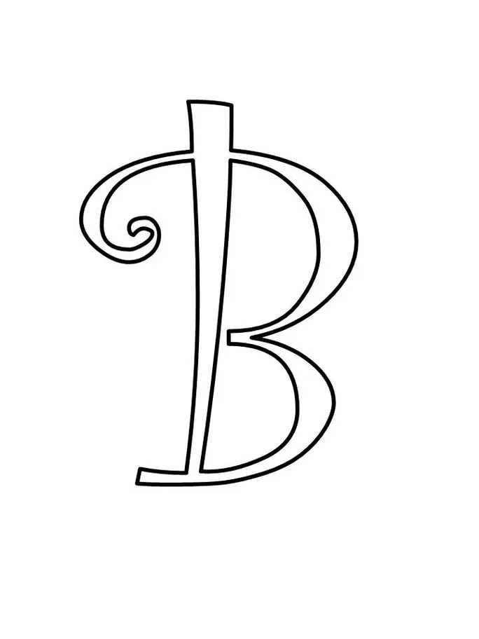 Letra B maiúscula estilizada para impressão. Design ornamentado com espiral e terminação retangular.