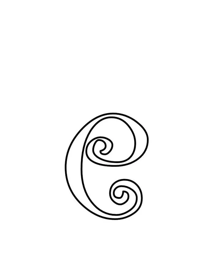 Letra 'C' ornamentada para impressão. Design artístico com linhas curvas e espirais.