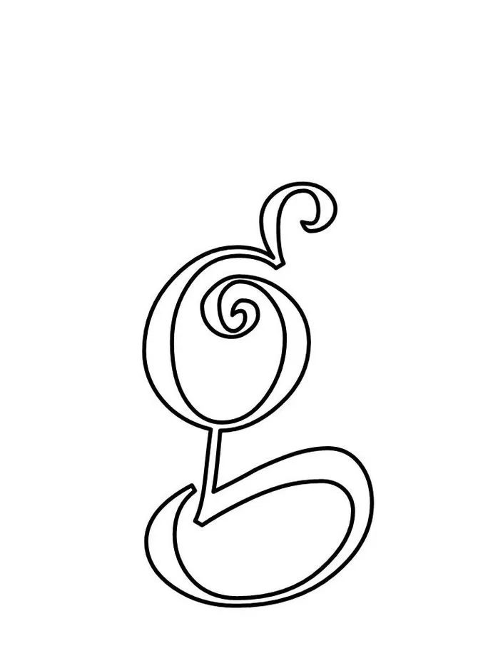 Letra G minúscula estilizada para impressão. Design ornamentado com espiral e forma oval.
