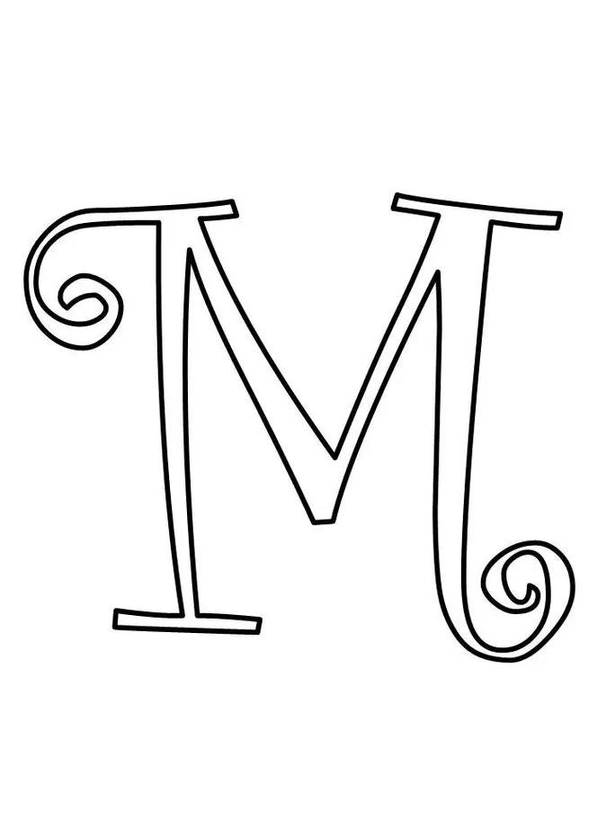 Letra M maiúscula estilizada com design ornamental para impressão.