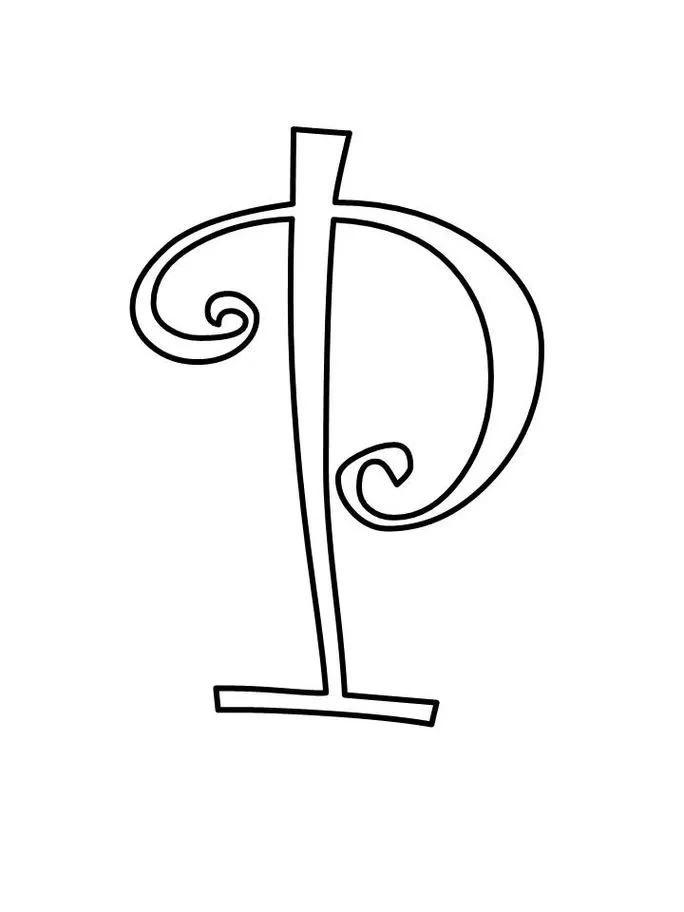 Letra P maiúscula estilizada para impressão. Design ornamental com volutas e espirais.