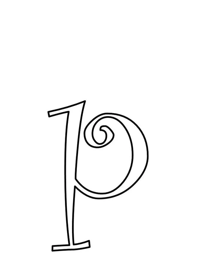 Letra 'p' minúscula estilizada para impressão. Design artístico com traços elegantes e espiral ornamental.