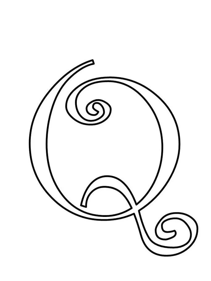 Letra Q maiúscula estilizada para impressão. Design ornamental com espirais.